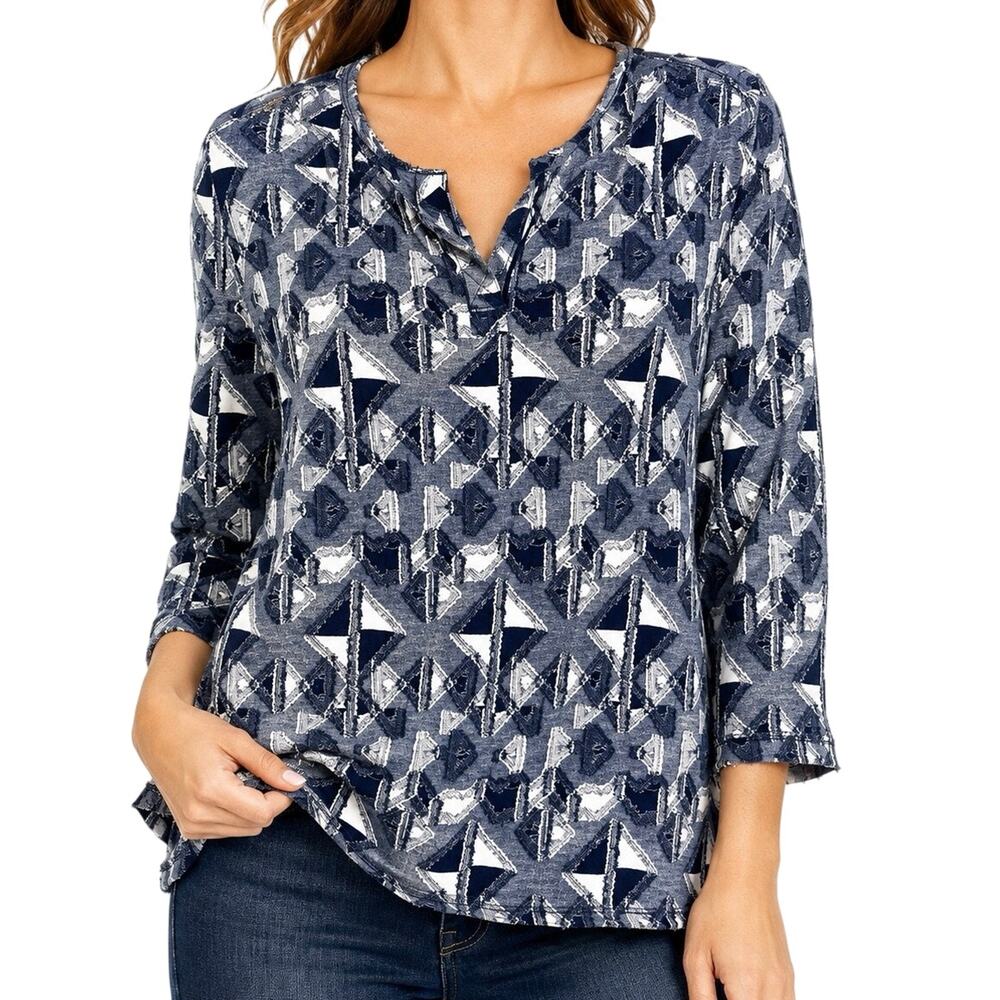 MULTIPLES Sz PM Petite Medium Blue White Wearable Art Blouse Shirt Top Ali Miles